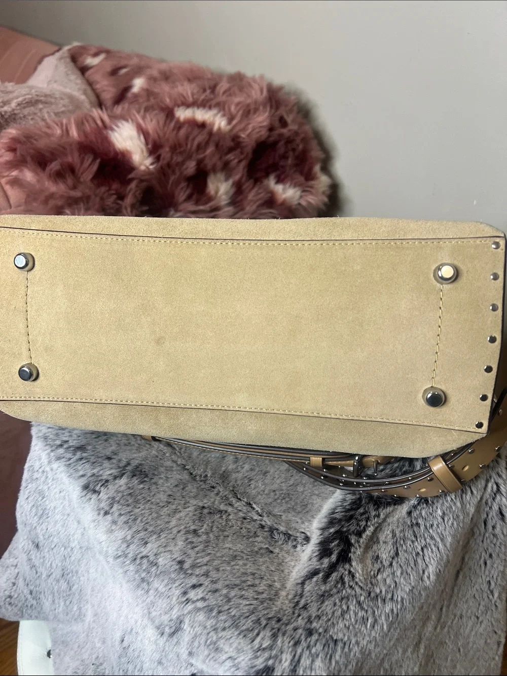 Coach Beige Suede Shoulder Bag with Studded Leather Strap